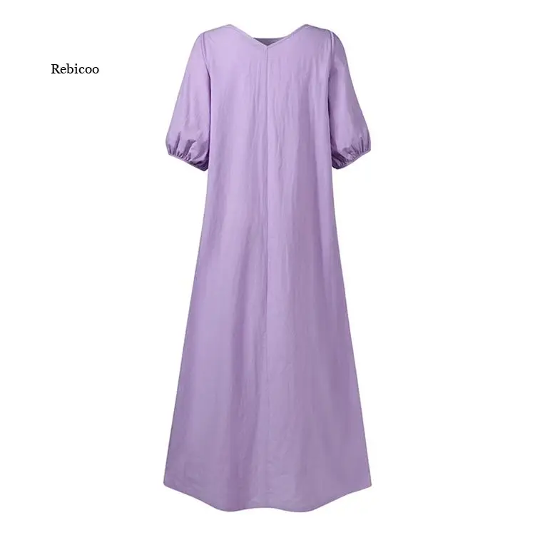 ฤดูร้อนเสื้อผ้ากุลสตรี Solid Sundress หลวม Plain ฝ้ายลินินครึ่งแขนชุดลำลอง Maxi Robe Femme Vestidos