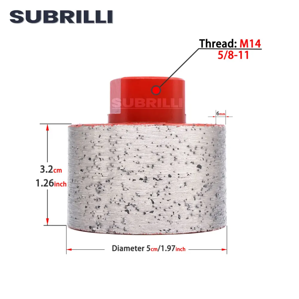 Subrilli 2 Polegada diamante metal roda de tambor contínuo tolerância zero rebolo para laje de pedra pia buraco m14 5/8 "-11 rosca