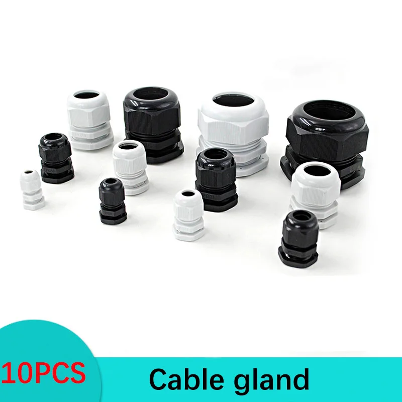 Waterproof Cable Gland 10pcs Cable entry IP68 PG7 for 3-6.5mm PG9 PG11 PG13.5 PG16 PG19/21/ White Black Nylon Plastic Connector