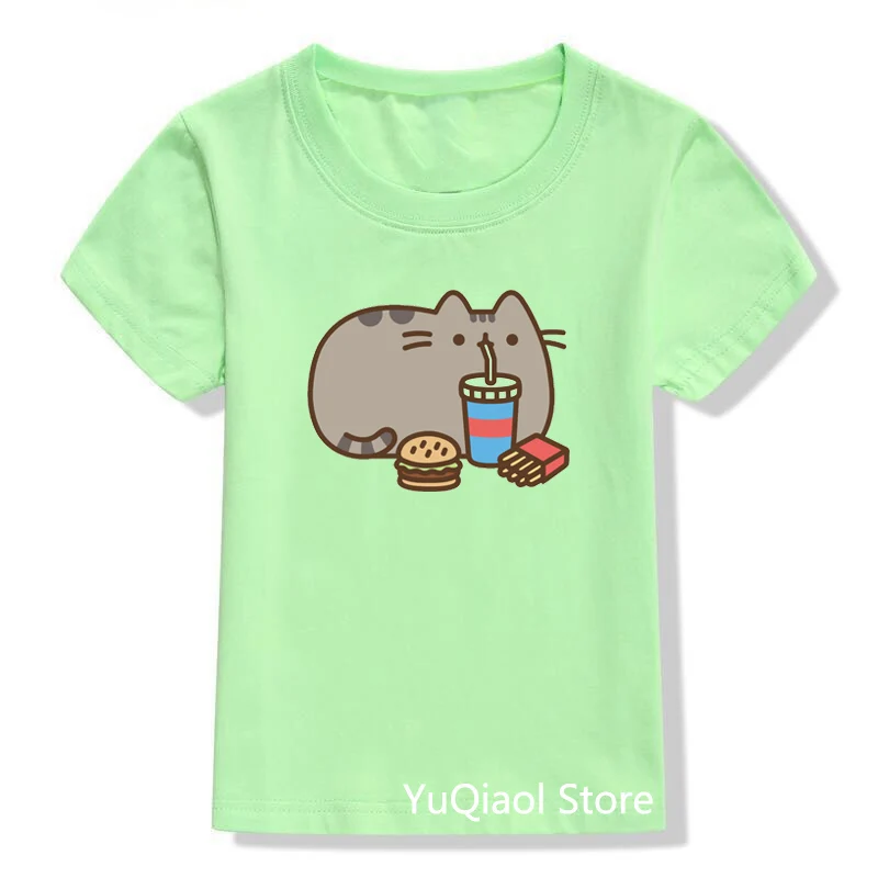 Kawaii Cartoon Drinking Cat Print T-Shirt Kids Funny T Shirts Top for Girls Summer Boys Clothes Pink/Yellow/Blue/Green Tshirt