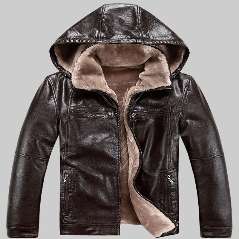 Russia Winter Leather Jacket Men Thick Faux Fur Coat Casual Hooded Motorcycle Leather Jacket Male Flocking Warm Leather Overcoat