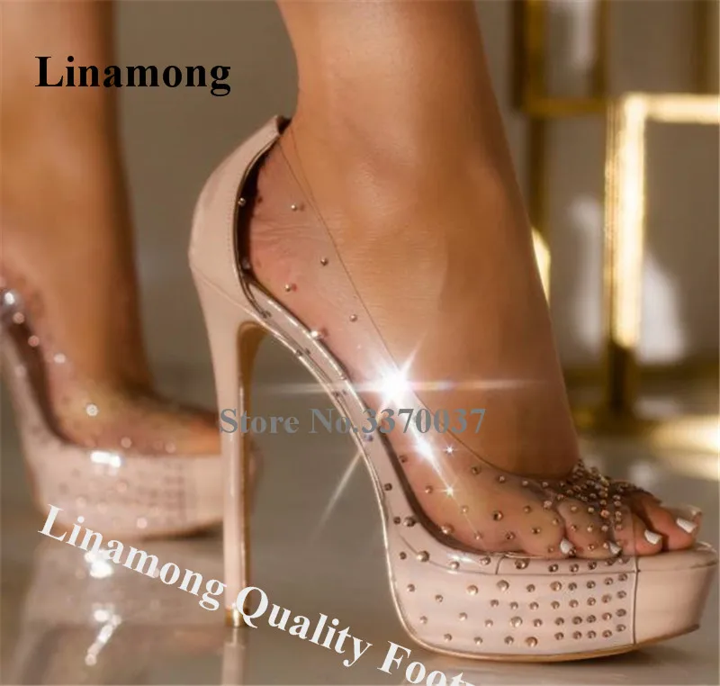 

Linamong Charming Peep Toe PVC Patchworl Rhinestone Stiletto Heel Pumps Nude Black Gold High Platform Crystal Transparent Heels