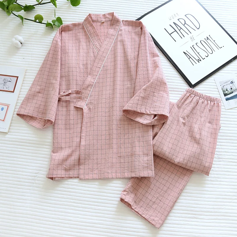 Spring Couple Plaid Kimono Pajamas V-Neck Three Quarter Sleepwear Thin Men and Women Washed Cotton Pijamas 2 Piece Home Clothes