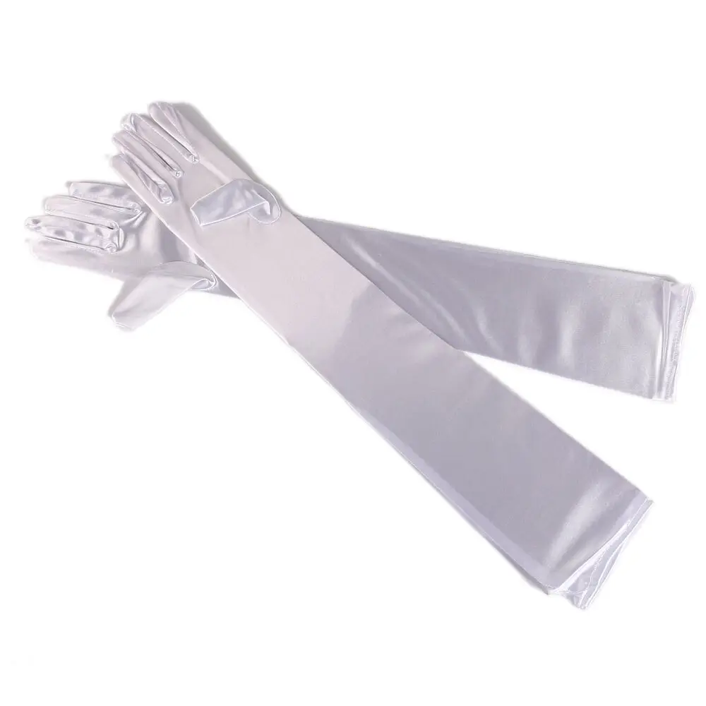 22" White Stretchy Satin Wedding Bridal Opera Prom Party Fancy Dress Gloves