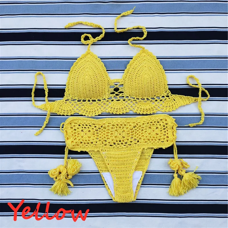 Conjunto de Bikini de ganchillo hecho a mano para mujer, traje de baño Sexy, Top corto, traje de baño de playa