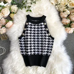 Brand Designer Clothes 2022 Luxury Vintage Summer Women Sexy Slim Strapless Sleeveless Black White Houndstooth Knitted Vest Top