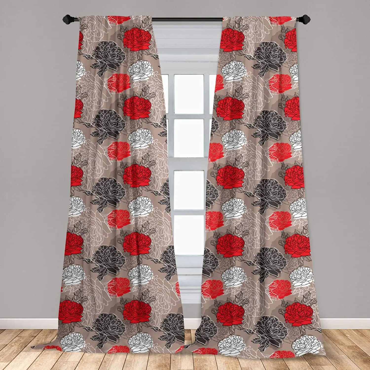 Red and Black Window Curtain Blossoming Peonies Vintage Botanical Composition Abstract Petals and Buds Lightweight Decorative