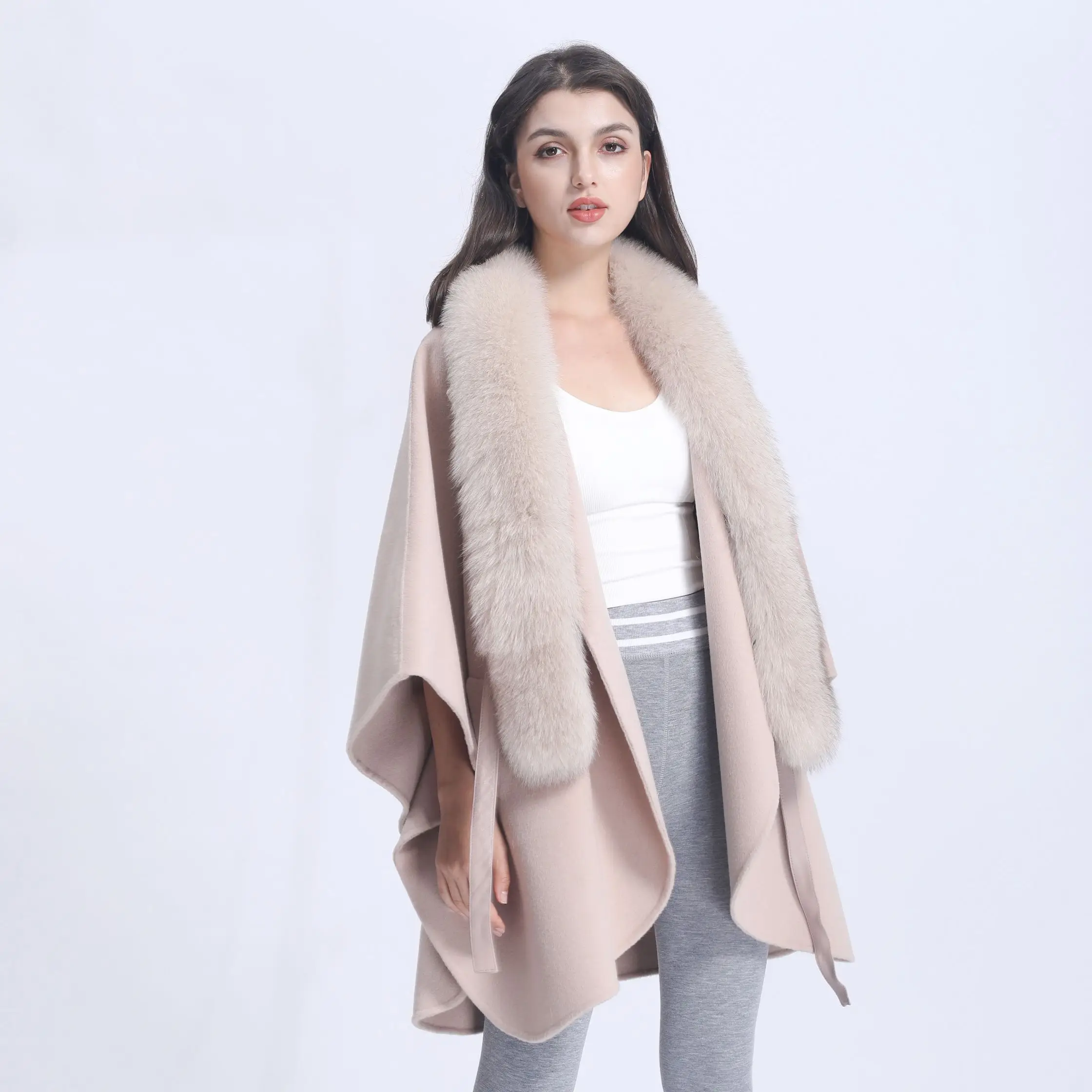 Janefur Fashion Cashmere Wool Knitted Coat Fox Fur Scarf With Leather Blet Women Coat