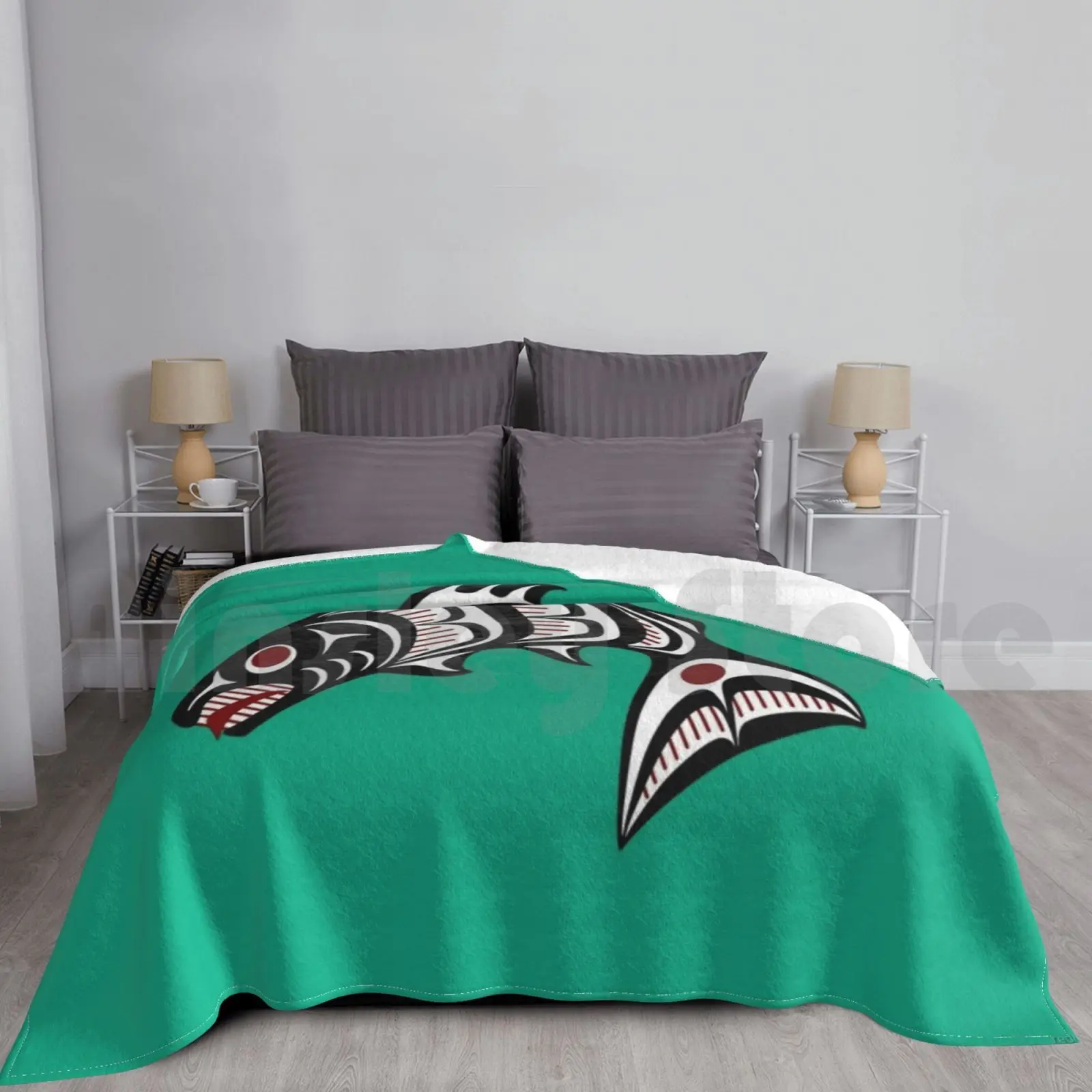 Manta de salmón de arte de la costa del Pacífico del Noroeste, moda personalizada, costa del Noroeste, salmón, Pacífico primero