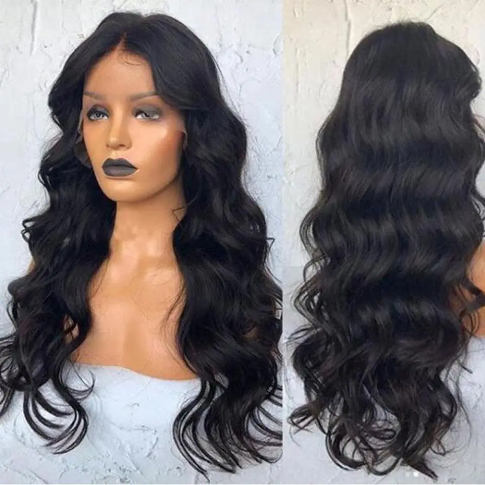 DLME Wig Renda Depan Bergelombang Hitam Wig Frontal Renda Hitam Tahan Panas untuk Rambut Wanita Hitam Gelombang Dalam