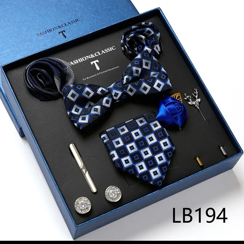 Hochwertige Geschenkbox für Feiertage, 7,5 cm, blaues Blumenmuster, Einstecktuch, Manschettenknöpfe, Krawattenclip, Krawatte für Herren, Geburtstagsgeschenk – Detail 32