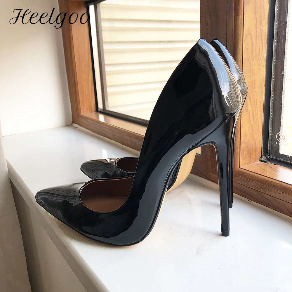 Heelgoo 14cm Extremely High Heel Drag Queen Crossdressing Pointy Toe Stiletto Shoes Black Patent Sexy Pumps Plus Size 40-48