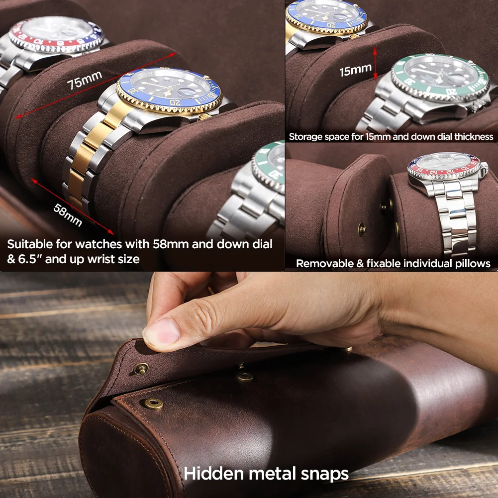 Luxury 4 Slots Watch Roll Travel Case Chic Vintage Genuine Leather Display Watch Storage Box with Slid in Out Watch Organizers