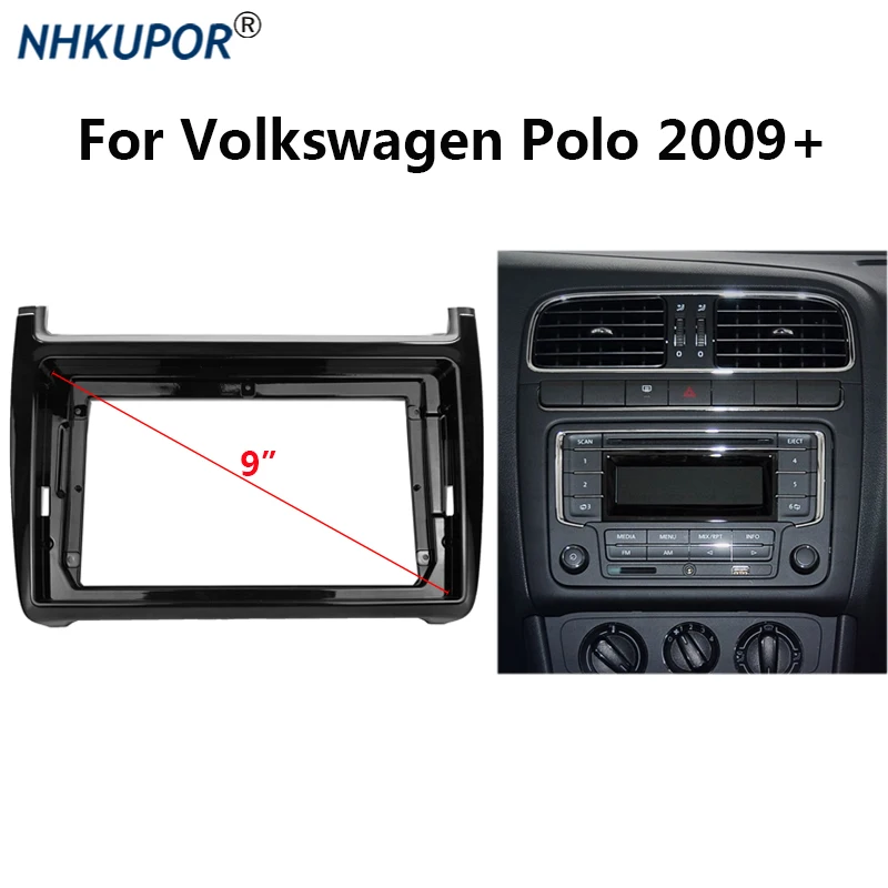 Panel de salpicadero de Radio de coche, 9 pulgadas, VW Polo 2009 + para Volkswagen, bisel de montaje estéreo automático, placa frontal, soporte de consola central