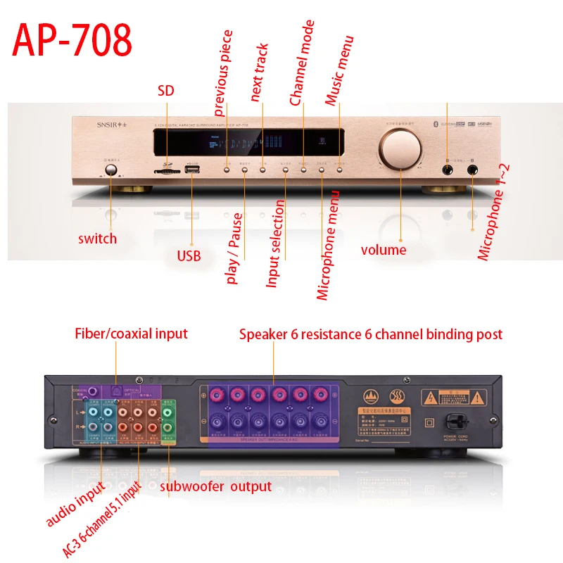 220V 550W 700W AP-702/708 digital amplifier 4.0 Bluetooth amplifier 5.1 channel home theater TV card APE Dolby with SD USB