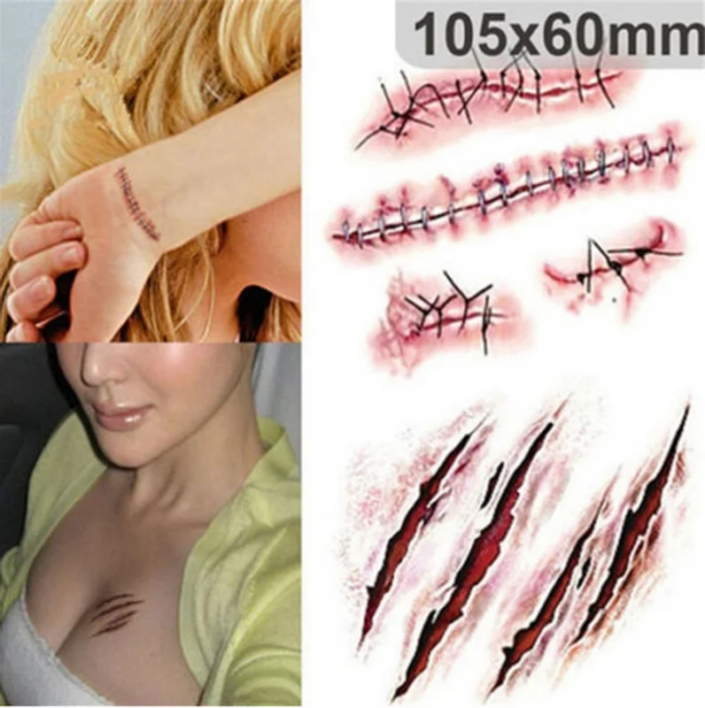 3pcs/set Waterproof Scar Tattoo Stickers Horror Bloody Wound Zombie Temporary 3D Fake Tattoos Halloween Party DIY Decor Supplies