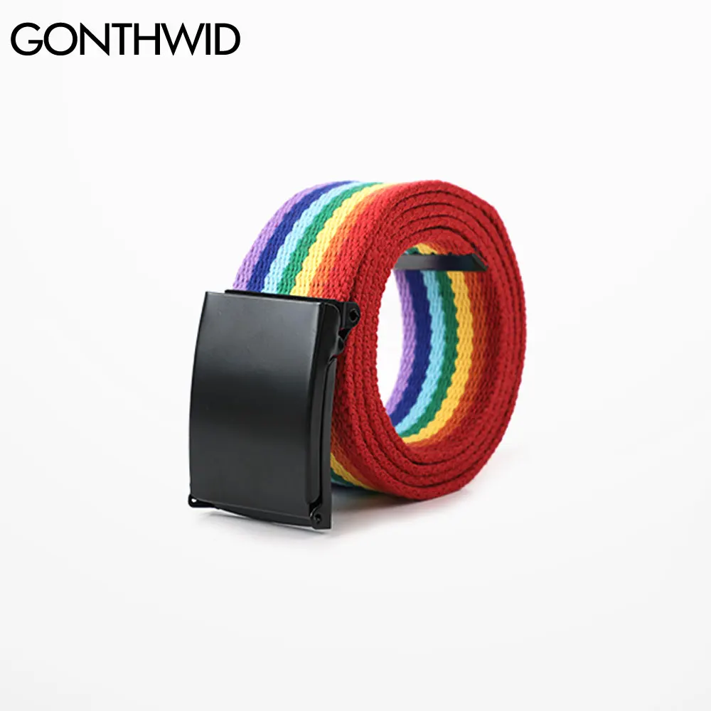 

GONTHWID Adjustable Metal Buckle Rainbow Canvas Waist Belts Streetwear Men Women Harajuku Hip Hop Casual Street Waistband