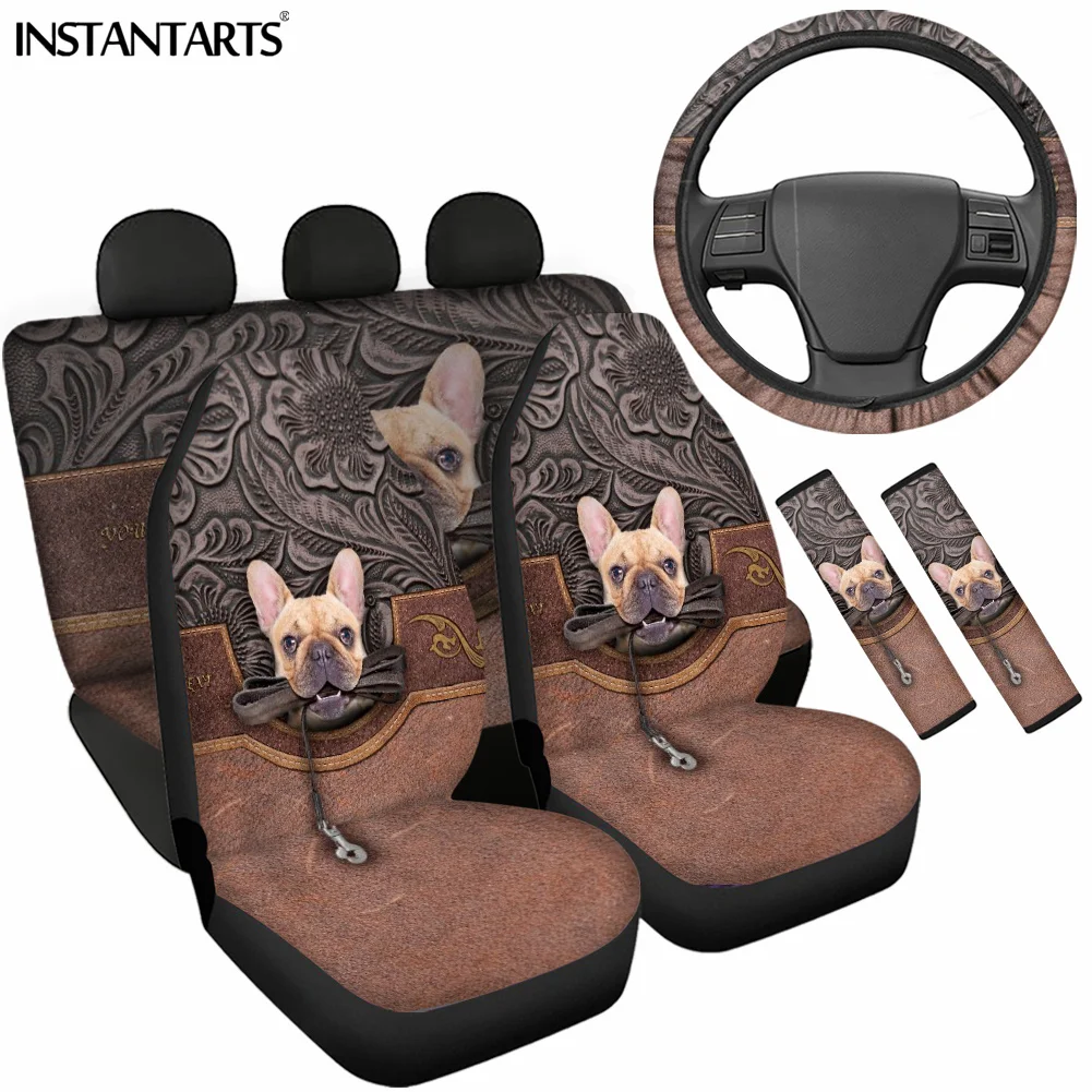 INSTANTARTS 3D Pug Imitation Leather Washable Car Seat Covers Elastic Steering Wheel Protective Case Durable Car Seat Belt Cover