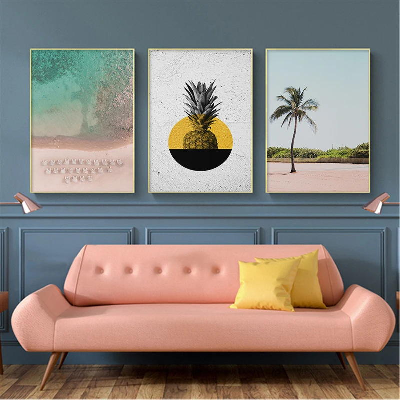 Landscape Canvas Poster Nordic Pink Ocean Beach Quote Palm Wall Art Print Painting Decorative Picture Scandinavian Home Decor