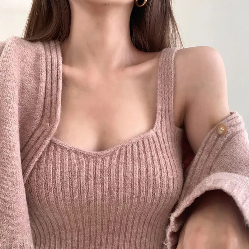 

Solid Color Knitted Sling Sweater + Knitted Cardigan Sweater Two-piece Suit Simple Sexy Single Button Streetwear Knitted Sweater