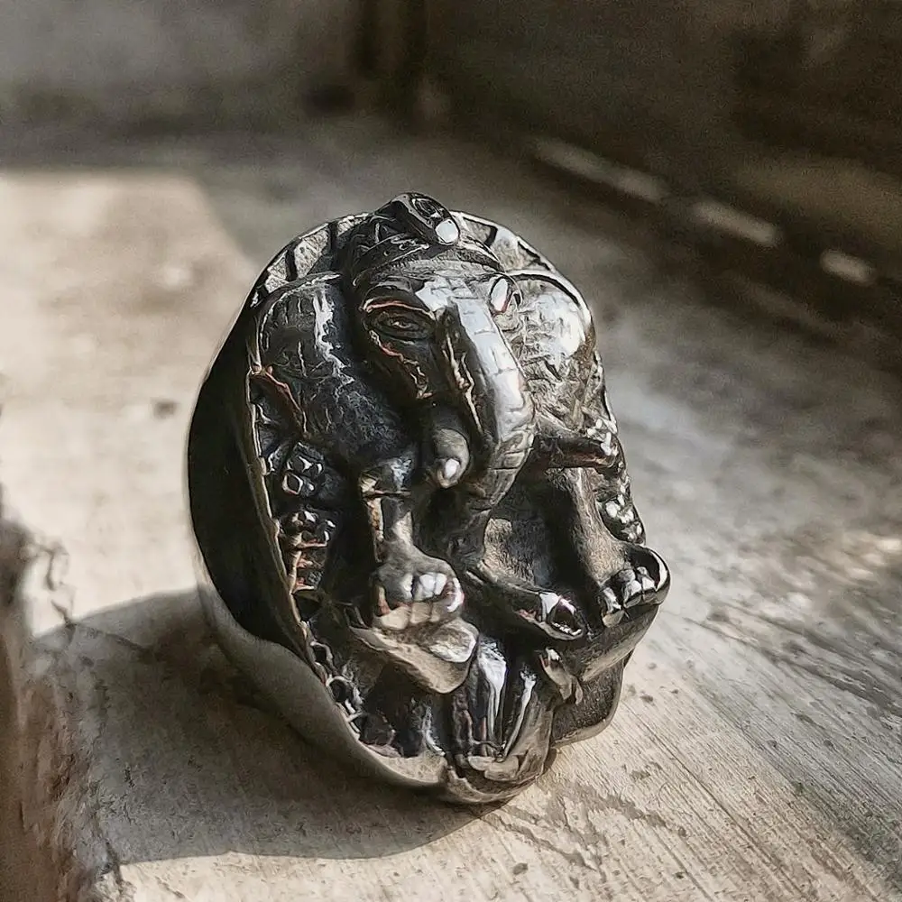 EYHIMD Classic Wisdom Luck Elephant God Ganesha Ring Mens Stainless Steel Amulet Ring Punk Biker Jewelry