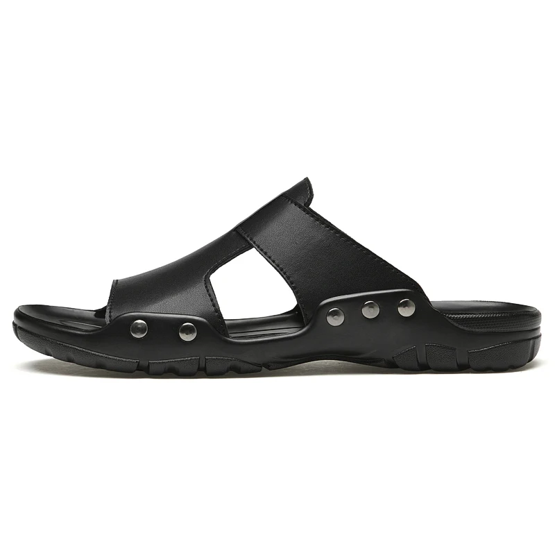 Chanclas de cuero para hombre, zapatos informales de talla grande 50, 51, 52, sandalias suaves negras para playa y exteriores, 2021