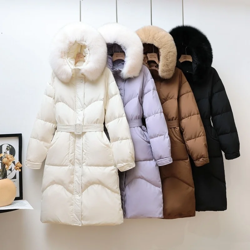 

2021 Winter Women Quilted Coat Padded Cotton Thick Long Faux Fur Collar Coat