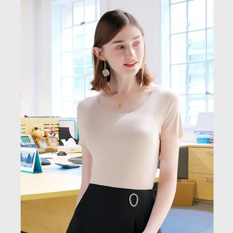 Summer Thin Ladies Ice Silk Seamless Short Sleeve O-neck T-shirt Women Inside Slim Half Sleeve Tees