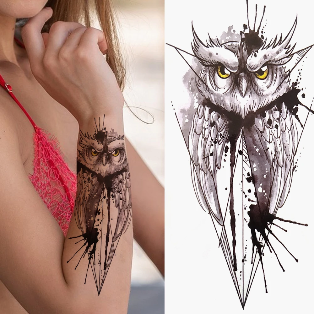 Geometry Owl Temporary Tattoo For Women Fake Wolf Tiger Deer Triangle Tatoo Sticker Black Moon Flower Body Art Tattoos Paper