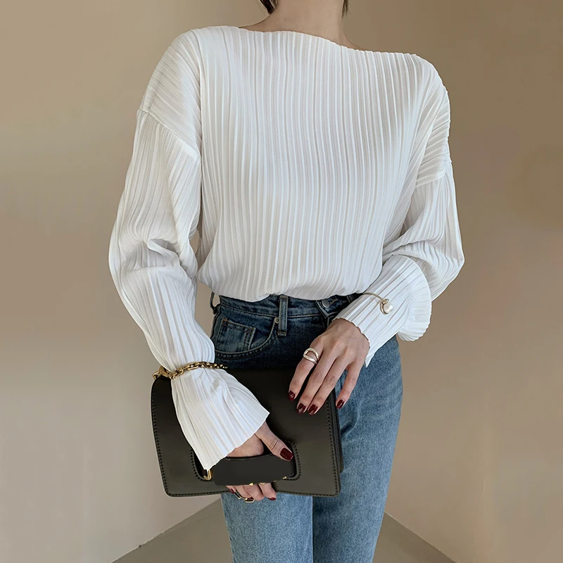 OCEANLOVE Pleated Solid Women Blouses Korean Office Lady Elegant Autumn Blusas Mujer 2022 Shirts Fashion Long Sleeve 18986