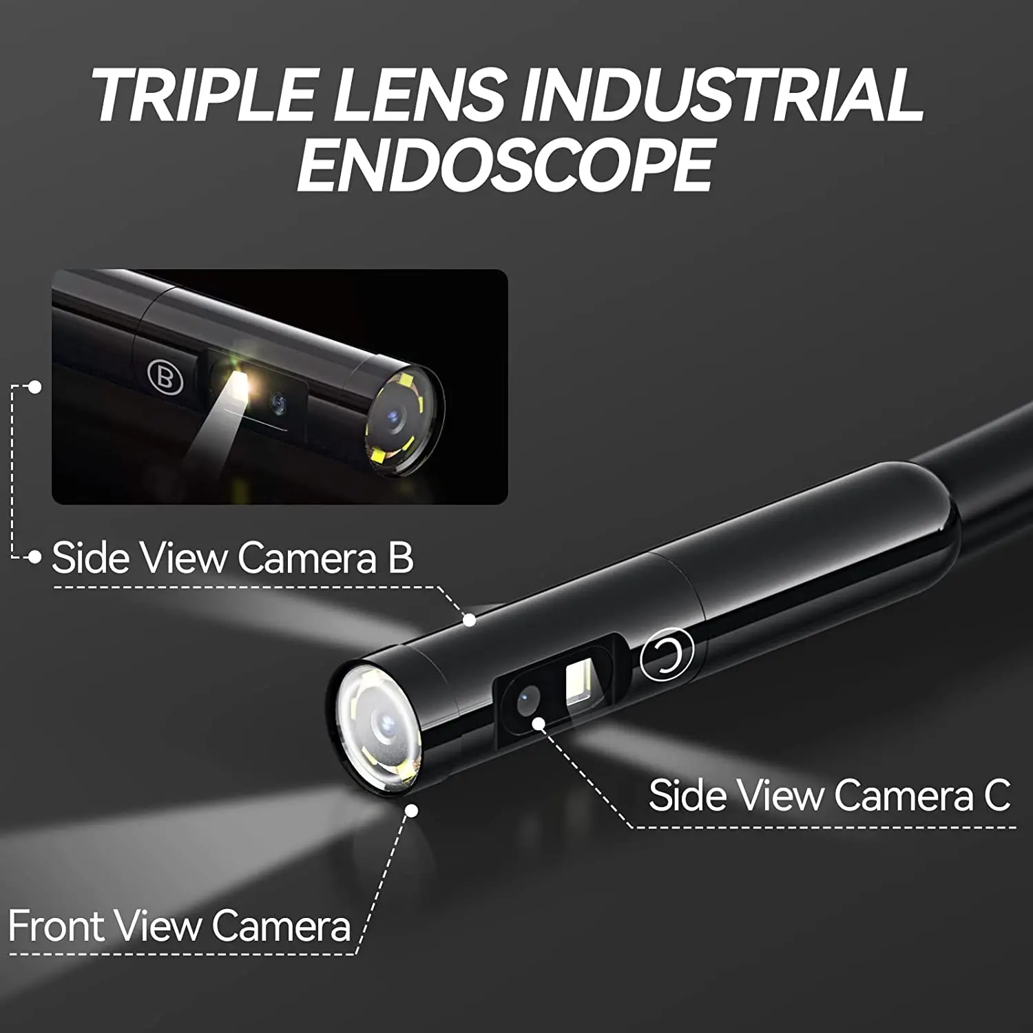 Teslong Triple Camera Endoscope, Inspection Camera Borescope with Front Lens, Side Lens & Short-Focus Side Lens for Drain, HVAC