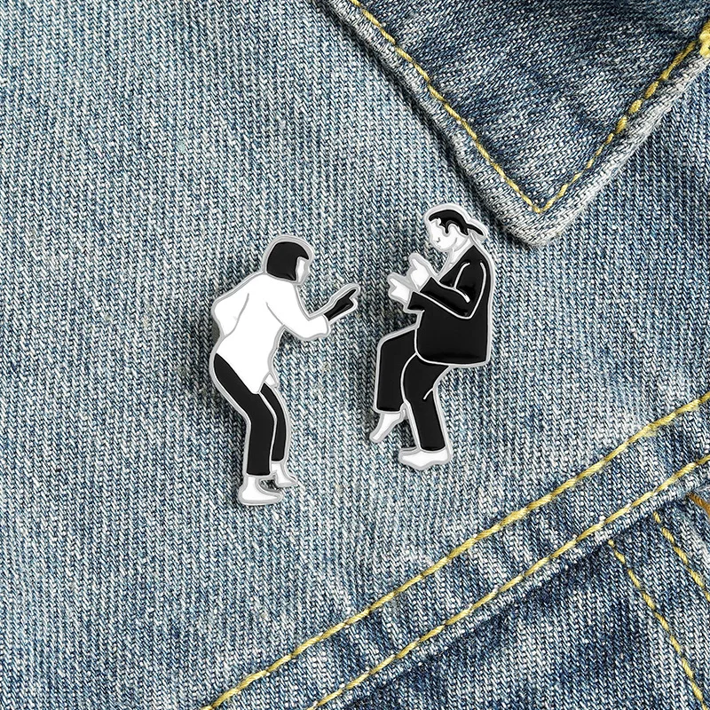 Cartoon Black White Movie Role Brooches Pulp Fiction Enamel Pins Bag Clothes Lapel Badge Punk Jewelry Gift for Fans Friends