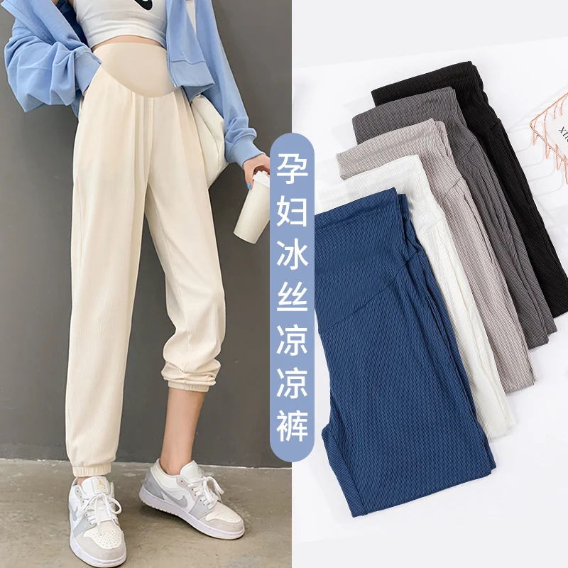 Summer COOL Thin Straight Maternity Jogger Pants Elastic Waist Belly Clothes for Pregnant Women Sports Casual Pregnancy