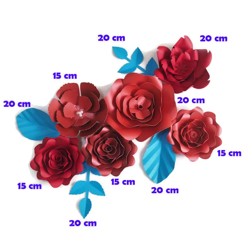 

DIY Giant Paper Flowers Fleurs Artificielles Backdrop Artificial Rose 6pcs+4 Leaves Wedding Party Decor Nursery Baby Shower Red