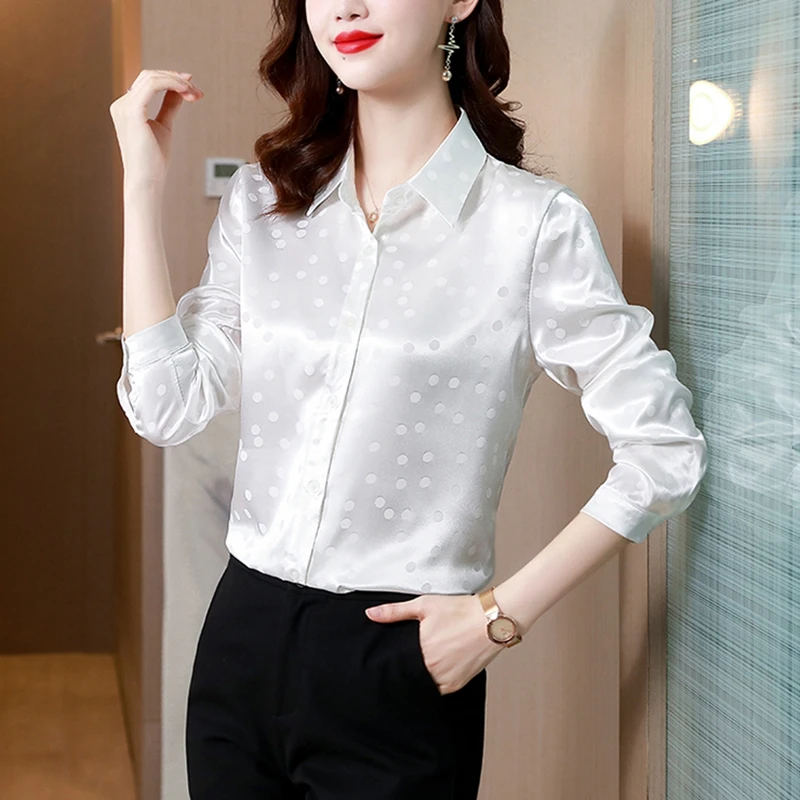 Polka Dot Satin Silk Blouse Women\'s Shirt Elegant Office Ladies Work Shirt Spring Autumn Long Sleeve Silk Tops Female Clothes