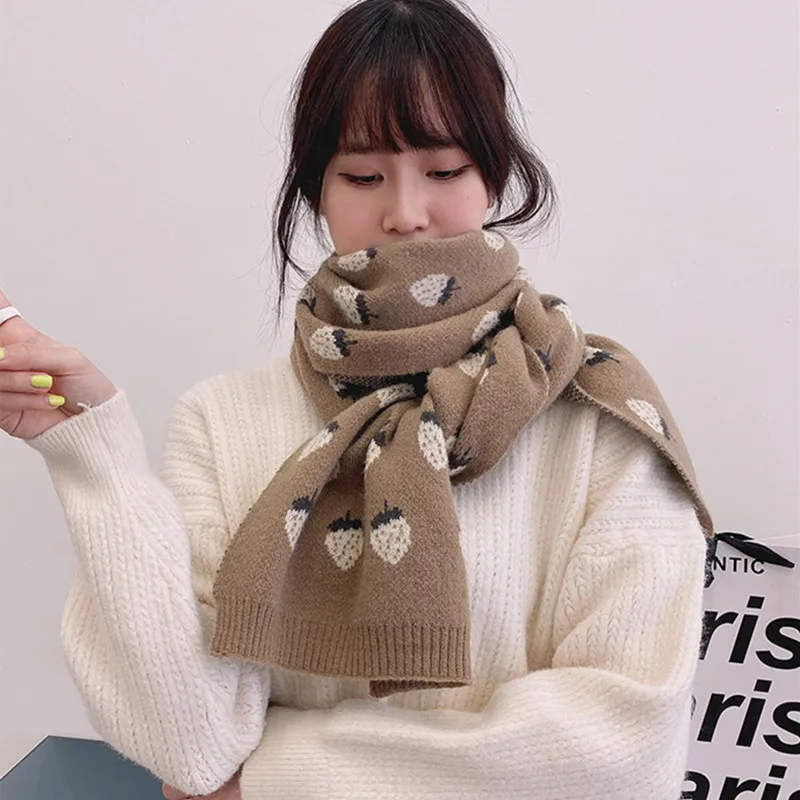 New Woman Autumn And Winter new Korean knitting Strawberry scarf cute student decoration warm long Color grid bib