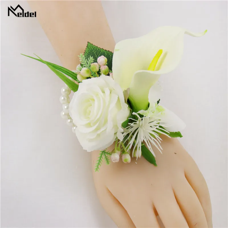 Meldel Zijde Rose Calla Bruiloft Corsages En Bruidegom Boutonnières Bruidsmeisjes Pols Armbanden Huwelijk Party Prom Mannen Pak Bloemen