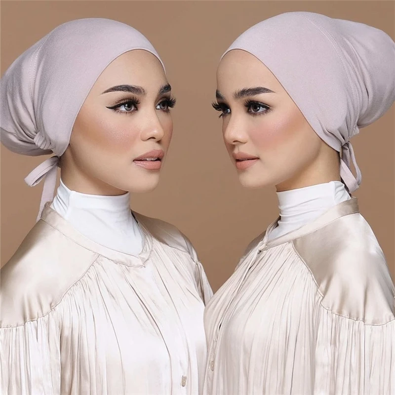 Fashion Premium Jersey Muslim Inner Cap Stretch Hijab With Rope Adjustable Women Underscarf Solid Color Islamic Turban Headwear