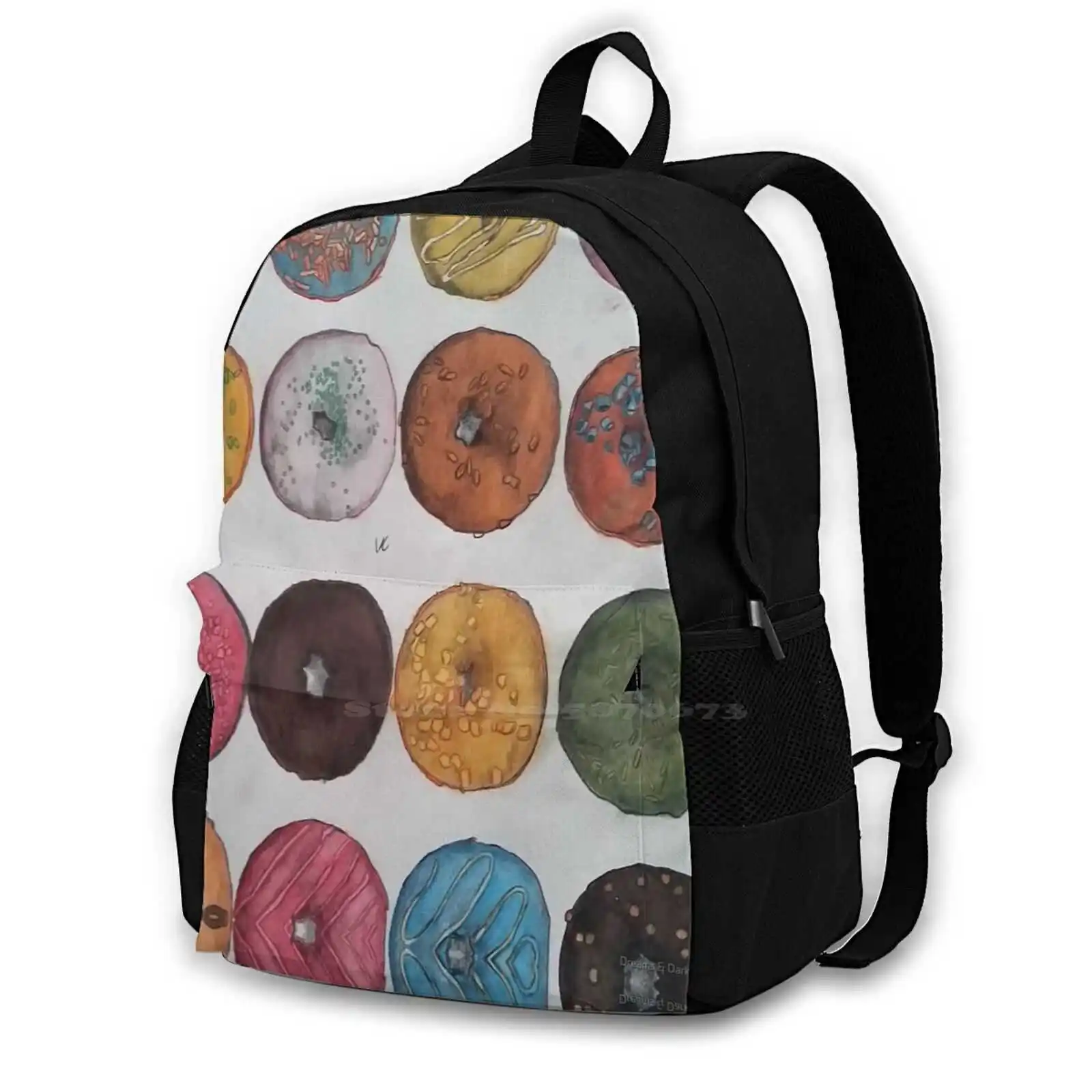 380D Print Design Backpack Student Bag Donuts Police Cops Cakes Pastries Danish Muffins Scones Coffee Sprinkles Bar Maple