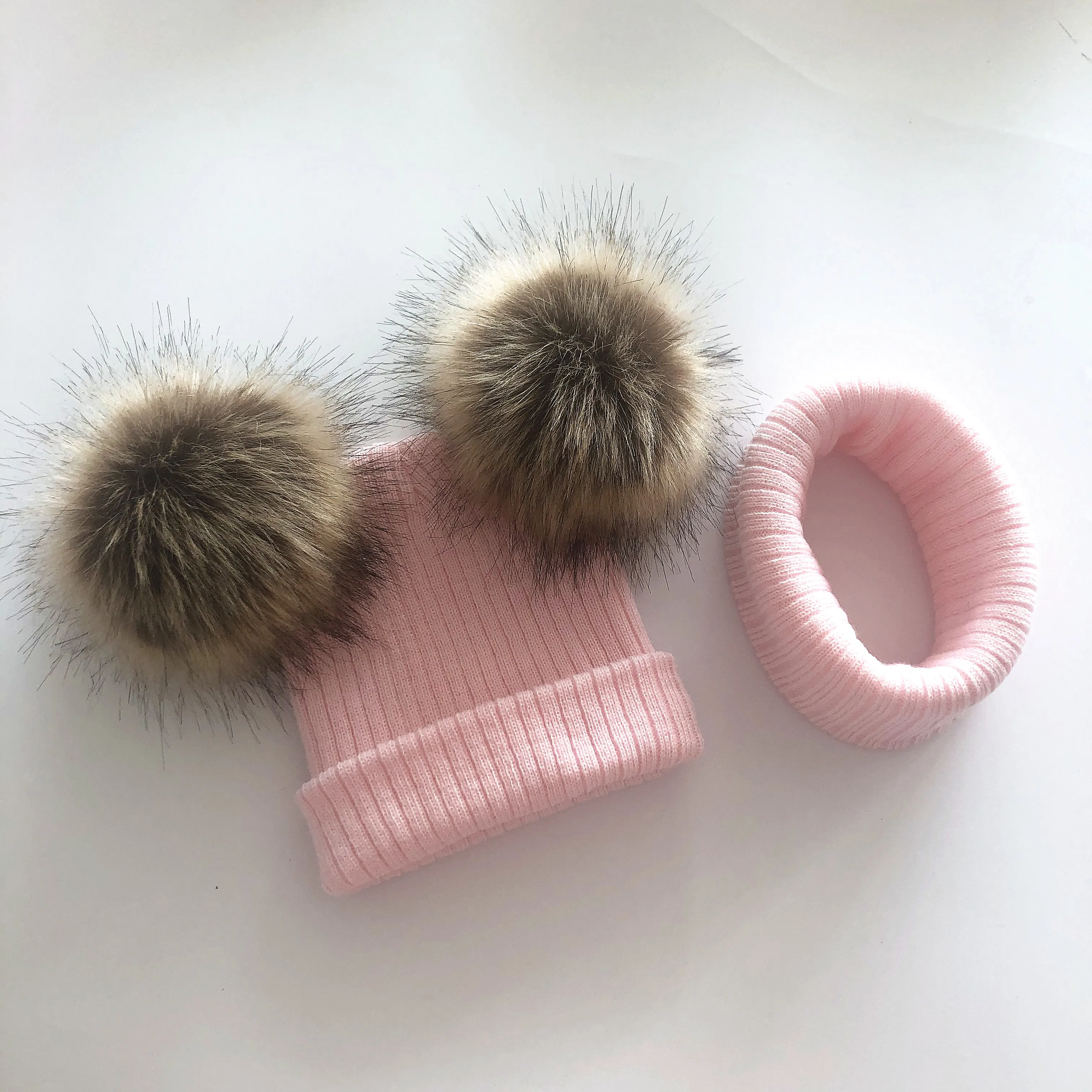 Crianças malha de pele do falso duplo pompom chapéu tampas de inverno para bebê menina criança crianças gorro