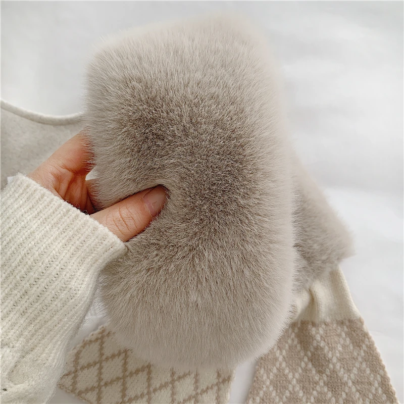 Korean Wool Knit Cross Bib Plush Warm Scarf Woman\'s Winter Faux Rex Rabbit Fur Stripe Thicken False Collar Neck Guard Scarve Q88