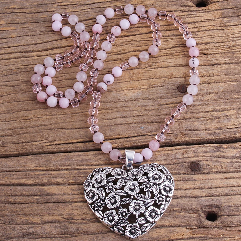 RH Fashion Bohemian Jewelry Accessory 8mm Stones/Crystal Knotted With Metal Heart Pendant Necklaces Women Boho NK Dropship