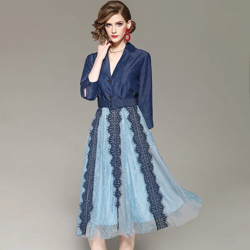 Dress Blue Women Elegant Denim Lace Mash Dress Sexy V Neck Dresses Fake Two Piece Long Party Dresses Vestidos LWL1679