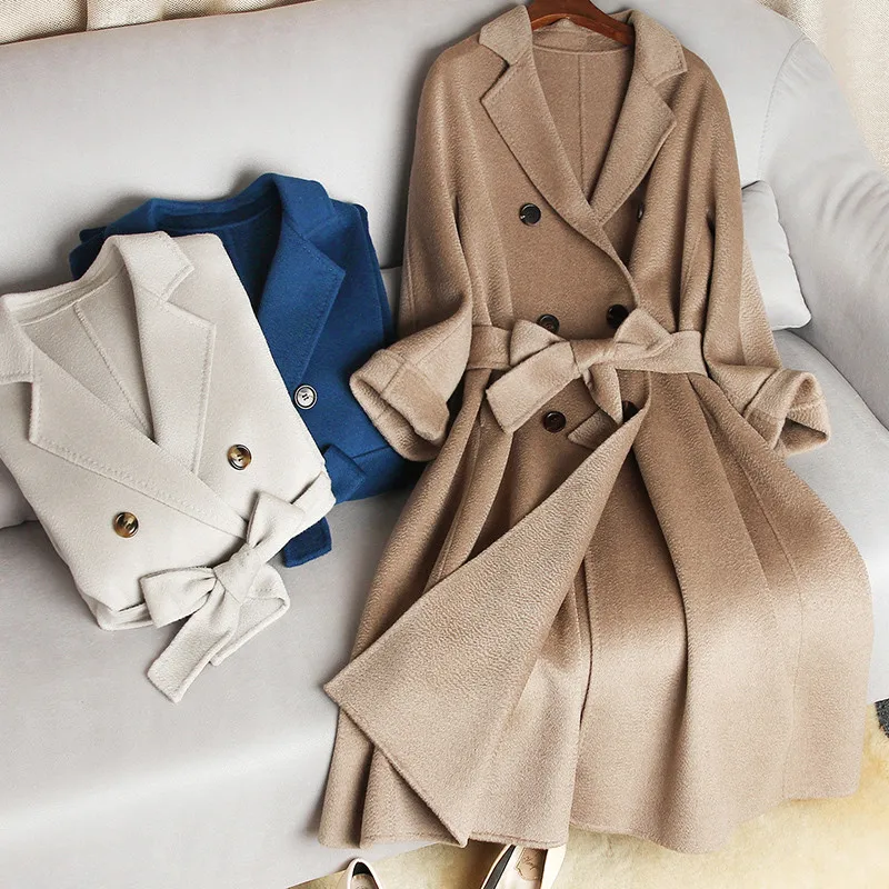 

Winter Women Real Wool Coat High-end Elegant Water Wave Reversible Cashmere Coat Double-breasted With Belt Long Female Jacket