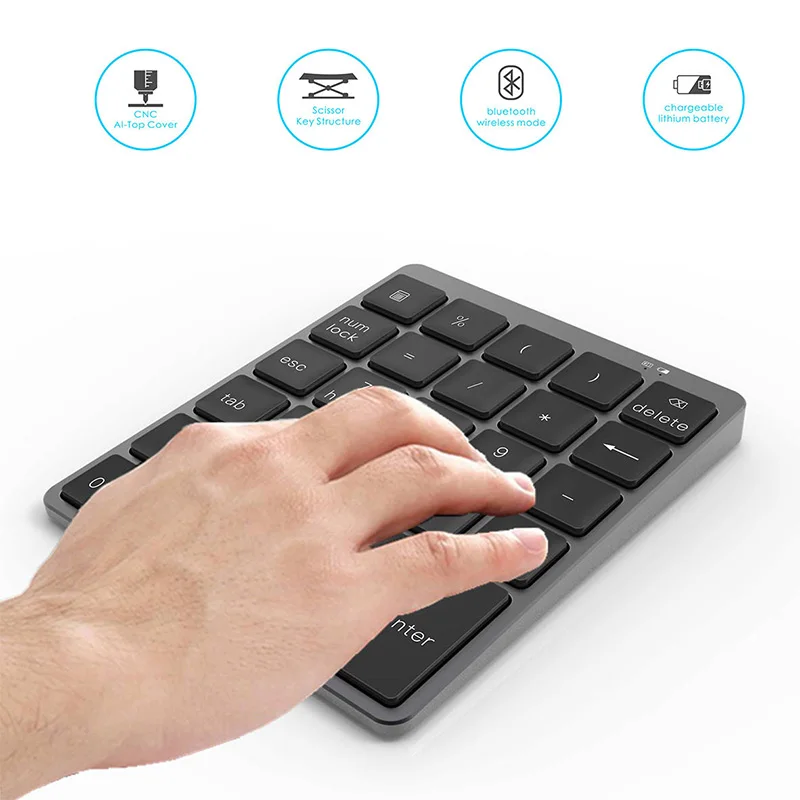 Aufladbare Bluetooth Numerische Tastatur 28 Schlüssel, Aluminium Legierung Drahtlose Anzahl Pad Schlanke Tragbare Tastatur für PC, Laptop, arbeit