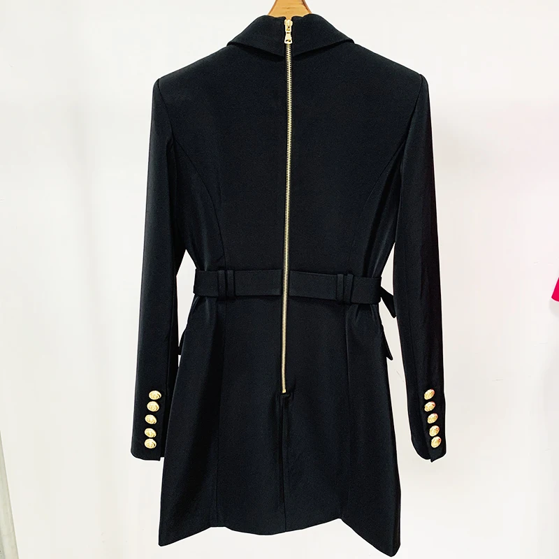 HIGH STREET Fashion 2024 Designer Style Women Long Sleeve Notched Collar Lion Buttons Double Breasted Belted Blazer Dress