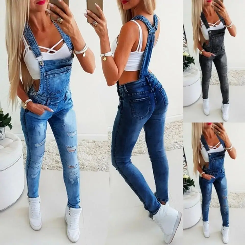 Fashion Womens Denim Overalls Jumpsuits En Rompertjes Skinny Slim Jeans Lange Jumpsuit Ripped Gat Potlood Broek Overalls