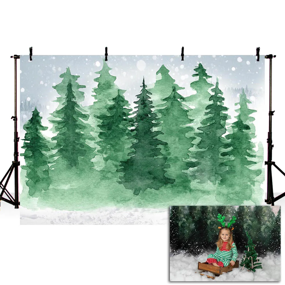 Mehofond Winter Forest Backdrop Green Pine White Snow Snowflake Baby Portrait Christmas Photography Background for Photo Studio