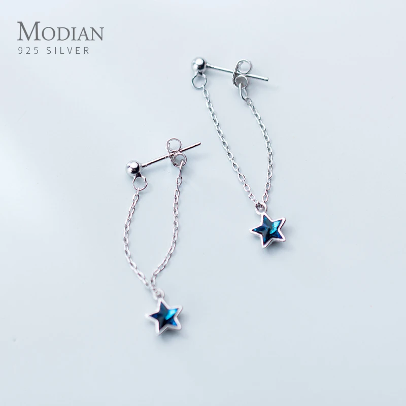 Modian gorąca sprzedaż mody huśtawka niebieski kryształ gwiazdy spadek kolczyki 925 Sterling Silver musujące Dangle kolczyki dla kobiet biżuteria