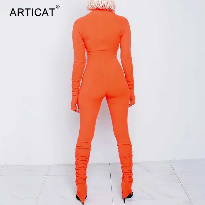 Articat Turtleneck Zipper Skinny Jumpsuit Women Long Sleeve One Piece Neon Orange Bodysuit Female Running Fitness Outfits